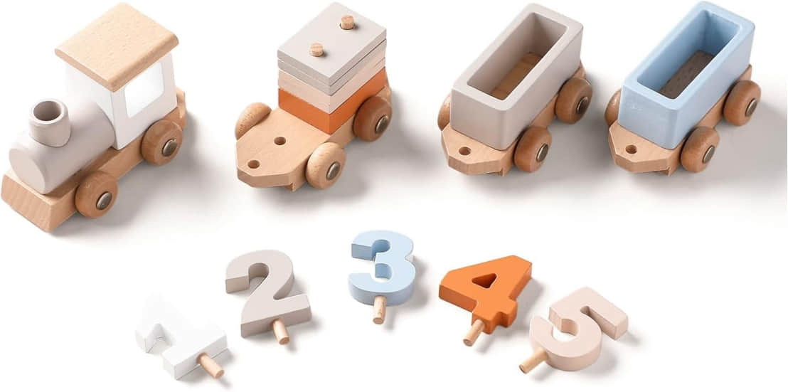 Wooden Train Set for Baby Toys with Numbers and Blocks Train Toy 12 PCS for Toddler Boys and Girls